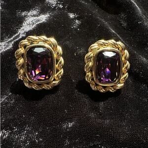 80s VTG Swarovski SAL Purple Pierced Earrings Gold Tone Rectangle Rope Twisted